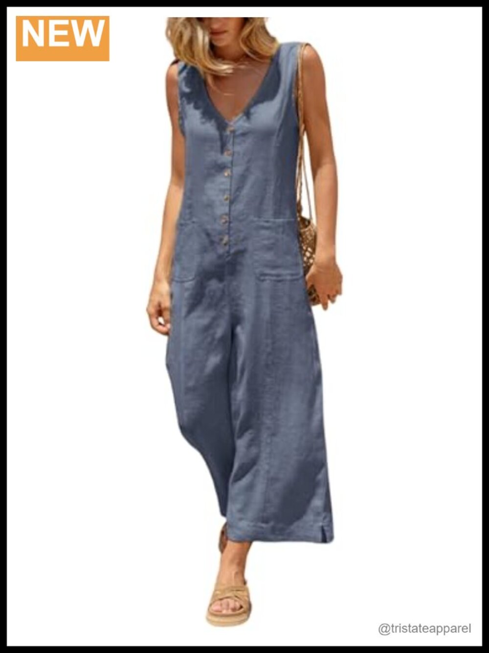 Women Cotton Linen Button Down Jumpsuit Wide Leg Sleeveless Overalls